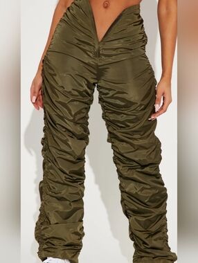 Fashion Nova Olive Green Ruched Track Pants